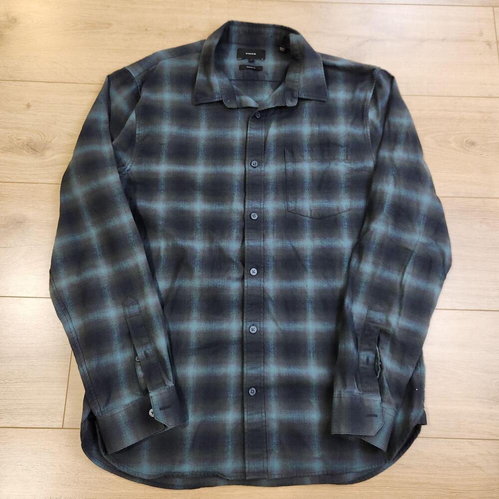 Vince Flannel Shirt Mens Large Blue Plaid Long Sleeve Button Classic Fit Casual